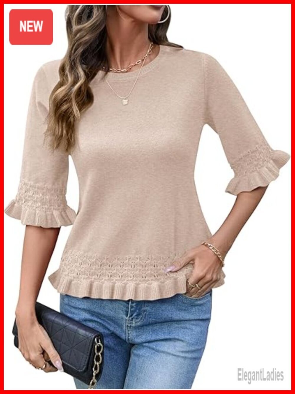 3/4 Sleeve Crewneck Pullover Sweater Peplum Top Lightweight Casual